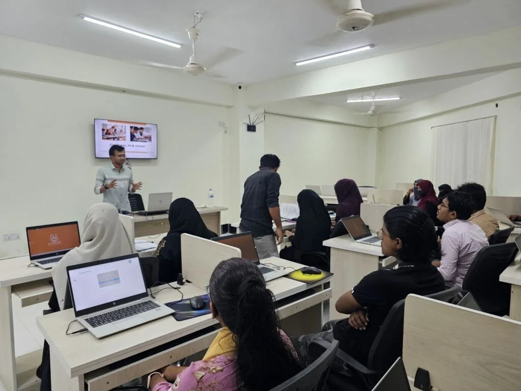 Students learning practical computer skills at AI Computer Academy in Chandpur